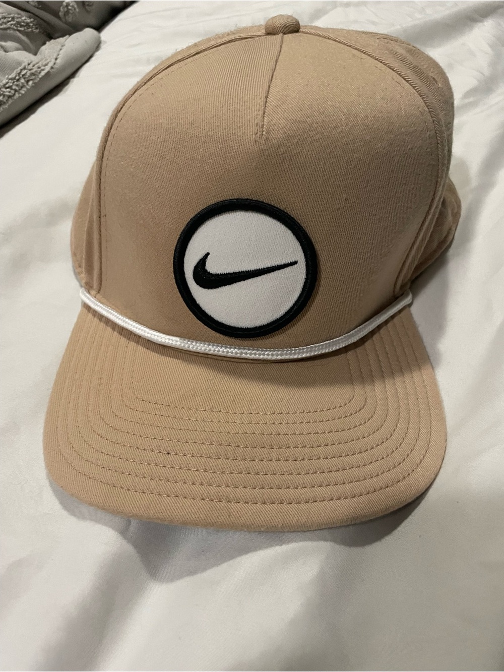 Nike Men’s Tan Trucker Hat with Black-White Logo and White Rope